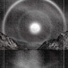 A luminous moon shines over a lake, framed by mountains, as a circular moonbow arcs around it and reflects softly on the water. This is card 5, THE MOONBOW, from The Bloodlands Oracle by Schiffer Publishing, Ltd., rendered in black and white.
