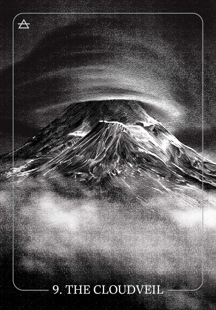 A black and white illustration of a mountain shrouded in swirling clouds, titled “9. THE CLOUDVEIL,” from The Bloodlands Oracle card deck by Schiffer Publishing, Ltd., features a triangle symbol in the top left corner.