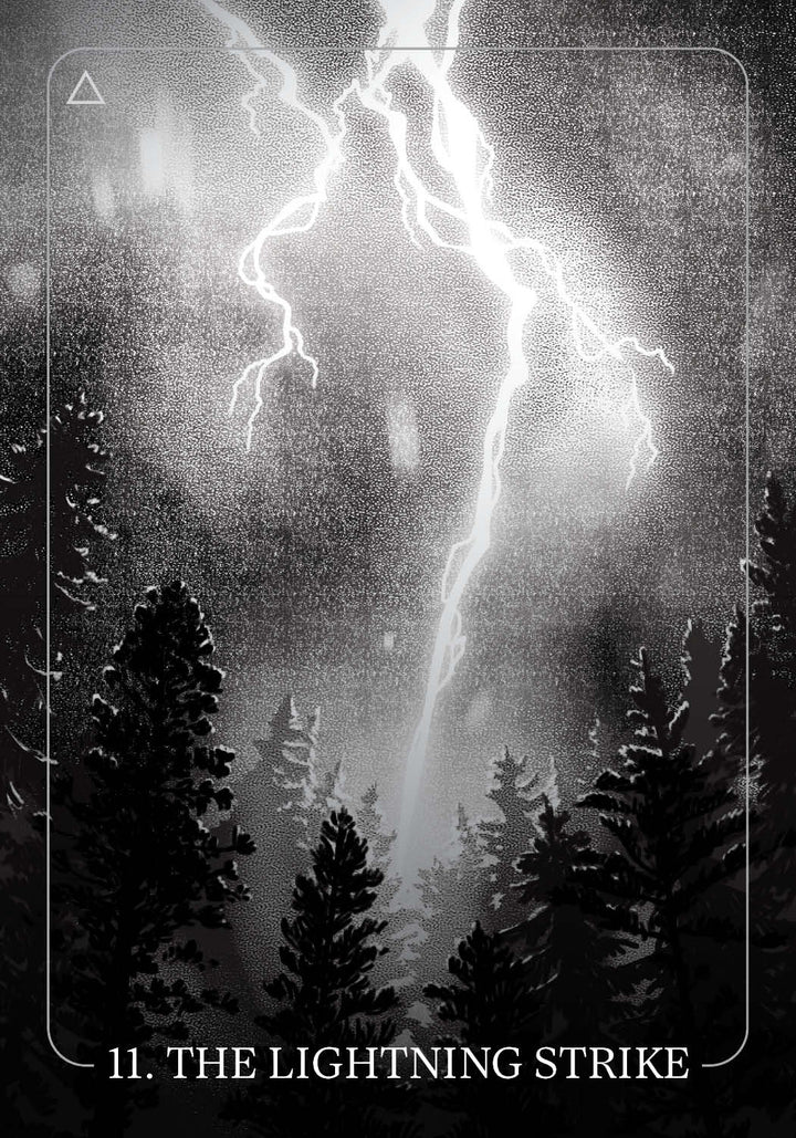 A dramatic bolt of lightning pierces a stormy sky above a dense forest in this black and white image, “11. THE LIGHTNING STRIKE,” from The Bloodlands Oracle by Schiffer Publishing, Ltd.—a haunting, nature-themed oracle deck.