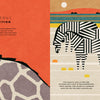 A stylized image from "The Mathematics of the Universe" by Schiffer Publishing, Ltd. features a giraffe print on orange beside two abstract zebras amid grass and water lines—ideal for illustrating mathematical patterns to children.