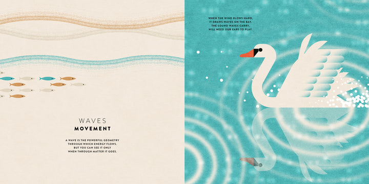 Left page: Colorful fish swim below wavy lines with text on wave patterns. Right page: A white swan on blue water with ripples and reflections. "The Mathematics of the Universe" by Schiffer Publishing, Ltd. explores math patterns for children.