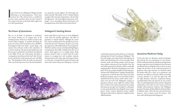 A spread from *Saint Hildegard’s Guide to Wellness* by Schiffer Publishing, Ltd. features text on gemstone healing, inspired by Hildegard of Bingen, with purple amethyst photos left and pale yellow quartz photos right.