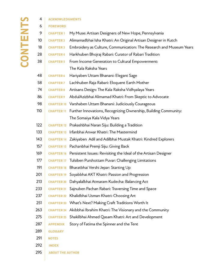 The table of contents for Artisans by Design (Schiffer Publishing, Ltd.) lists chapters on Indian artisan designers, Kala Raksha Vidhyalaya, embroidery, traditions, and empowerment, plus appendices, glossary, notes, index, and about the author.