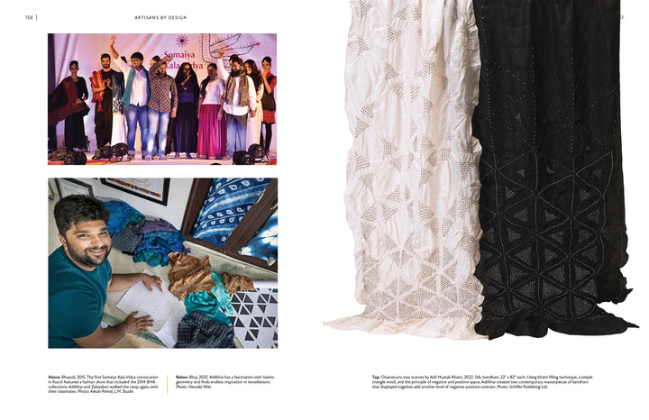A collage for "Artisans by Design" from Schiffer Publishing, Ltd. features traditional Indian artisans: a group on stage, a man crafting textiles on the floor, and two intricate fabrics—white and black—displayed side by side.