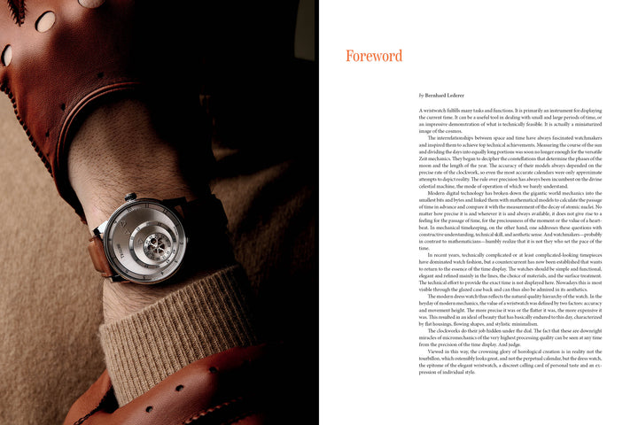 A close-up of a wrist adorned with a formal watch beside the “Foreword” page of Timeless Classics by Schiffer Publishing, Ltd.; brown leather glove and beige sweater evoke classic horology and refined style.
