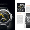 A magazine spread features Timeless Classics by Schiffer Publishing, Ltd., with a close-up of a round silver and black Girard Genta watch with yellow accents—an iconic timepiece—plus images and details on two other luxury formal watches.