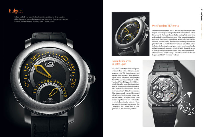 A magazine spread features Timeless Classics by Schiffer Publishing, Ltd., with a close-up of a round silver and black Girard Genta watch with yellow accents—an iconic timepiece—plus images and details on two other luxury formal watches.