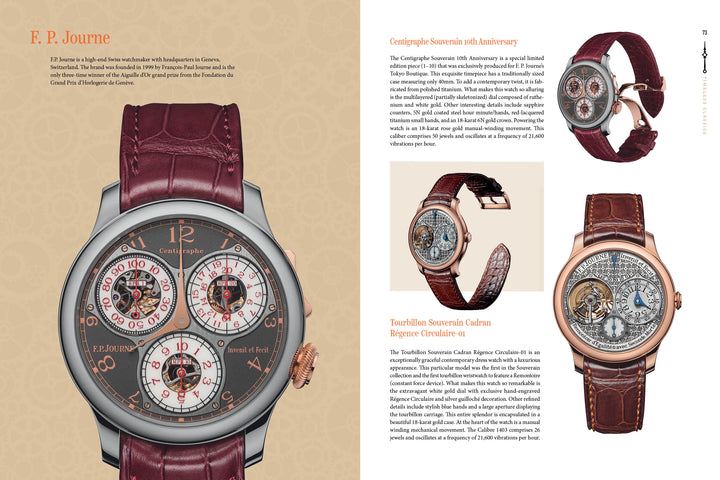 Two pages from Schiffer Publishing, Ltd.’s "Timeless Classics" showcase horological artistry: the left features a close-up of a watch with a burgundy leather strap, and the right presents three modern dress watches with refined descriptions.