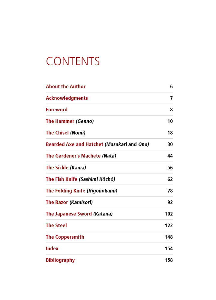The table of contents in "Japanese Blacksmithing" by Schiffer Publishing, Ltd. lists chapters on hammers, chisels, swords, and Japanese tools with forging notes. Page numbers are printed in black and red.
