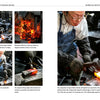 A craftsman in glasses and gloves forges a glowing blade in a workshop, using tongs and hammer. Inset images from "Japanese Blacksmithing" by Schiffer Publishing, Ltd. show traditional Japanese techniques and precision forging.