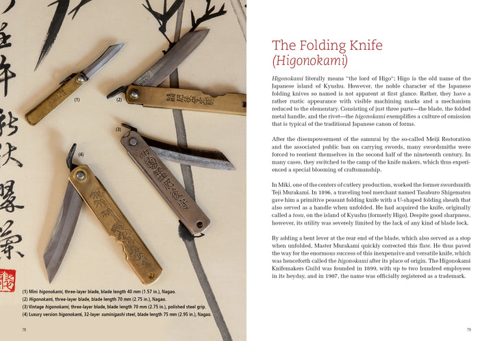 Four traditional Japanese folding knives with metal handles and exposed blades are displayed on an open book page from "Japanese Blacksmithing" by Schiffer Publishing, Ltd., each knife labeled with descriptive text about The Folding Knife (Higonokami).