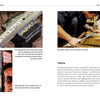 A spread from "Japanese Blacksmithing" by Schiffer Publishing, Ltd. features photos of a signed sword tang, a craftsman polishing a blade with traditional tools, and a dragon-motif blade, with text explaining the sword polishing process.