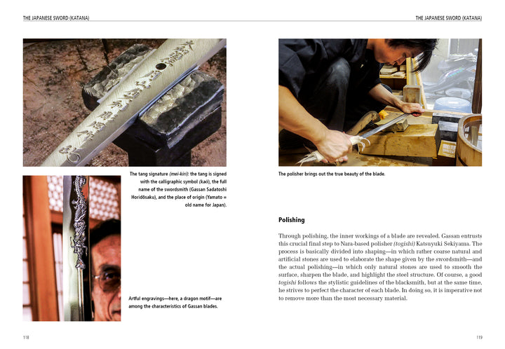 A spread from "Japanese Blacksmithing" by Schiffer Publishing, Ltd. features photos of a signed sword tang, a craftsman polishing a blade with traditional tools, and a dragon-motif blade, with text explaining the sword polishing process.