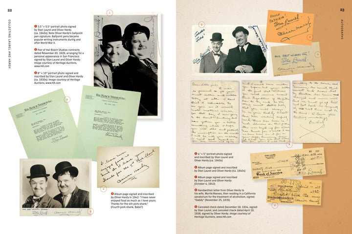 Collecting Laurel and Hardy by Schiffer Publishing, Ltd.: a scrapbook spread featuring vintage black-and-white photos, letters, notes, and signed memorabilia—comedy collectibles neatly labeled and described.