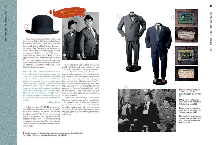 A two-page spread in "Collecting Laurel and Hardy" by Schiffer Publishing, Ltd. showcases vintage suits on mannequins, hat illustrations, clothing label close-ups, a film still, comedy memorabilia, and text on the comedians' costumes.