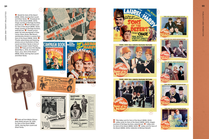 A magazine spread in Schiffer Publishing, Ltd.'s "Collecting Laurel and Hardy" showcases vintage posters, lobby cards, memorabilia, colorful photos, and promo items from their 1933 film “Sons of the Desert.”.