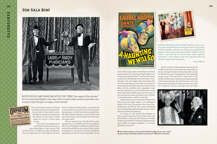 Collecting Laurel and Hardy by Schiffer Publishing, Ltd. showcases a vintage Laurel and Hardy magician spread, comedy collectibles such as movie posters, ticket stubs, A-Haunting We Will Go images, and career highlights in detailed text.