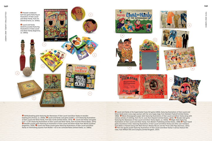 Collecting Laurel and Hardy by Schiffer Publishing, Ltd. showcases vintage memorabilia—board games, puzzles, figurines, tin boxes, and marionettes with vibrant packaging—arranged on two book pages against a white background.