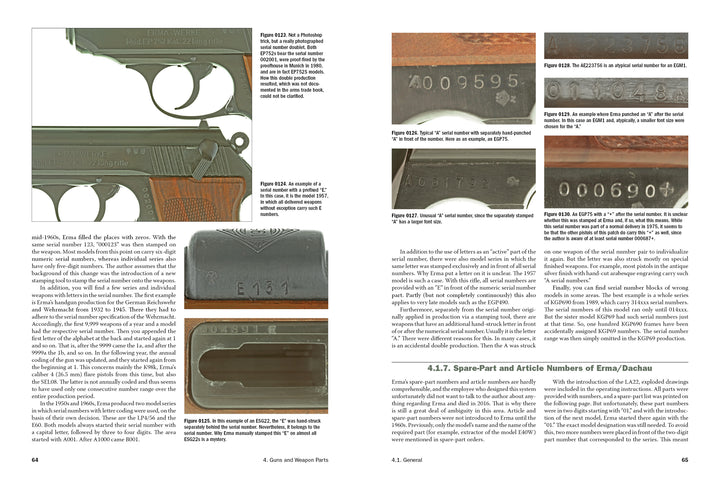 A two-page spread from "ERMA: Erfurter Maschinenfabrik, 1924–2003, Vol. 1" by Schiffer Publishing, Ltd. features close-up photos of German firearm parts, showing serial numbers, proof marks, and triggers, with detailed captions and text.