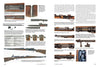 A two-page spread from *ERMA: Erfurter Maschinenfabrik, 1924–2003, Vol. 1* (Schiffer Publishing) features labeled photos and diagrams of vintage rifles, bayonets, mechanisms, parts, German small arms, and ammunition with detailed descriptions.