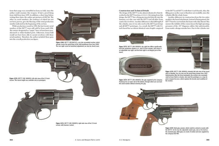 A book spread from "ERMA: Erfurter Maschinenfabrik, 1924–2003, Vol. 2" by Schiffer Publishing, Ltd. features detailed images and descriptions of ERMA handguns with close-ups of barrels, grips, and triggers on clean white pages with informative captions.