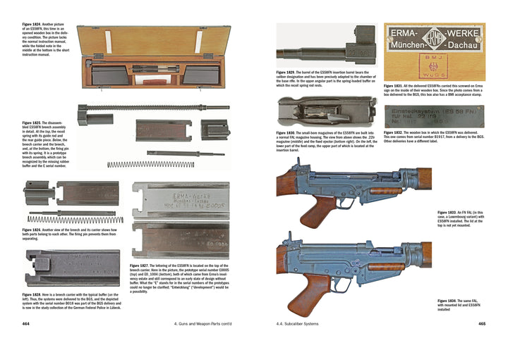 Two pages in "ERMA: Erfurter Maschinenfabrik, 1924–2003, Vol. 2" by Schiffer Publishing, Ltd. feature diagrams and photos of German small arms, including ERMA handguns, with close-up rifle images and detailed technical descriptions.