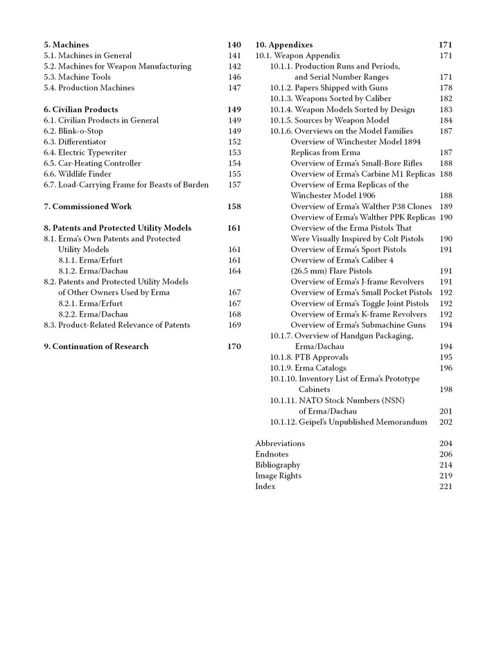 A table of contents from "ERMA: Erfurter Maschinenfabrik, 1924–2003, Vol. 3" by Schiffer Publishing, Ltd., listing chapters on machines, ERMA submachine guns, patents, civilian products, work commissions, and appendices with page numbers.