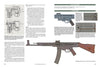 A two-page spread in "ERMA: Erfurter Maschinenfabrik, 1924–2003, Vol. 3" by Schiffer Publishing features technical drawings and photos of Sturmgewehr rifles and ERMA submachine guns, including MP40s, with detailed diagrams and historical info.