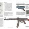 A two-page spread in "ERMA: Erfurter Maschinenfabrik, 1924–2003, Vol. 3" by Schiffer Publishing features technical drawings and photos of Sturmgewehr rifles and ERMA submachine guns, including MP40s, with detailed diagrams and historical info.