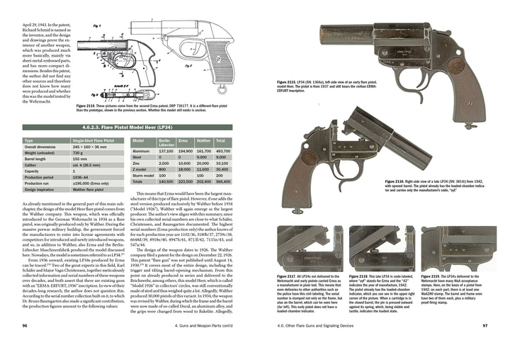 Two pages from "ERMA: Erfurter Maschinenfabrik, 1924–2003, Vol. 3" by Schiffer Publishing, Ltd. show a technical drawing, data table, and color photos of vintage Erfurter flare pistols from various angles.