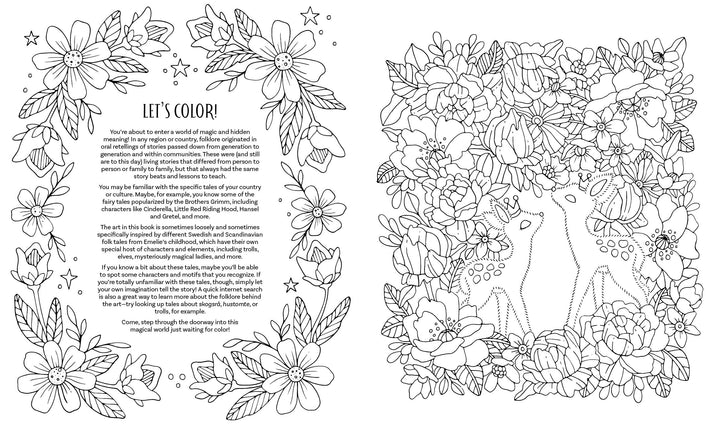 Inspired by Fairy Tales & Folklore Coloring Book from Schiffer Publishing, Ltd., this page features a floral border and left-side text, with two deer among detailed flowers and foliage illustrated on the right.