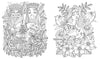 Discover two intricate black-and-white illustrations in Schiffer Publishing, Ltd.’s Fairy Tales & Folklore Coloring Book: a king and queen above a leafy castle, and a calm woman with a rabbit surrounded by flowers and plants.