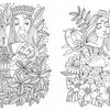 Discover two intricate black-and-white illustrations in Schiffer Publishing, Ltd.’s Fairy Tales & Folklore Coloring Book: a king and queen above a leafy castle, and a calm woman with a rabbit surrounded by flowers and plants.