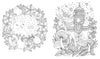 From Schiffer Publishing, Ltd.'s Fairy Tales & Folklore Coloring Book: left page—two deer amid flowers and fruit; right page—a jeweled-saddle deer stands among mushrooms, leaves, and sparkles in black-and-white Scandinavian style.
