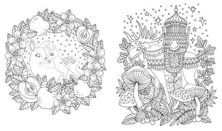 From Schiffer Publishing, Ltd.'s Fairy Tales & Folklore Coloring Book: left page—two deer amid flowers and fruit; right page—a jeweled-saddle deer stands among mushrooms, leaves, and sparkles in black-and-white Scandinavian style.