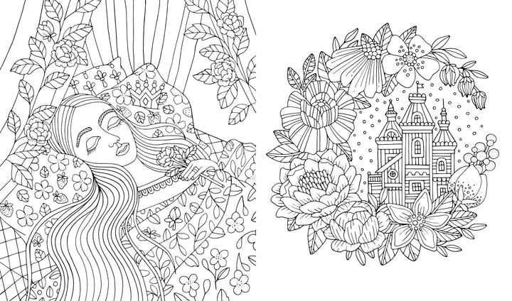 From Schiffer Publishing, Ltd., the Fairy Tales & Folklore Coloring Book features a detailed black-and-white line drawing of a woman with long hair sleeping in a floral bed surrounded by flowers and a castle—perfect for adult coloring enthusiasts.