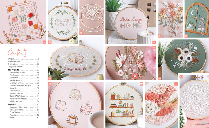 Cozy Stitches by Schiffer Publishing, Ltd. features a collage of embroidered hoop art—florals, animals, homes, and positive phrases—with a project contents page, perfect for embroidery beginners and slow stitching fans.