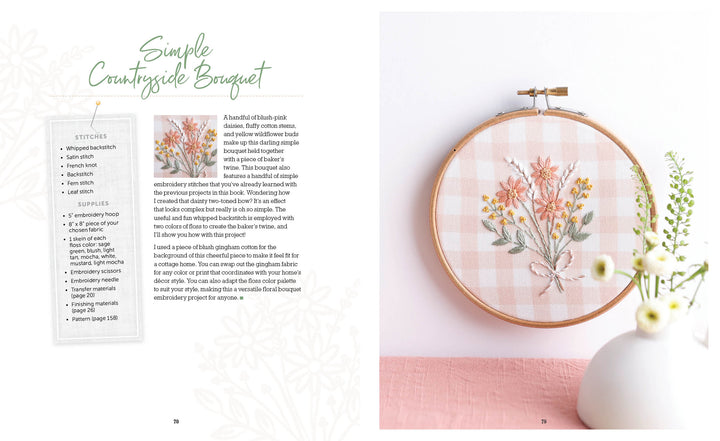Cozy Stitches by Schiffer Publishing, Ltd. features a stitched bouquet of pink and yellow flowers with green stems on pink gingham—ideal for embroidery or slow stitching. A vase with matching real flowers and supply lists is also pictured.