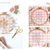 Cozy Stitches by Schiffer Publishing, Ltd. is a beginner's embroidery guide with a floral pattern on pink gingham in a wooden hoop, detailed thread color labels, and step-by-step photos showing the stitching process and tools.