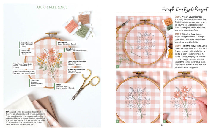 Cozy Stitches by Schiffer Publishing, Ltd. is a beginner's embroidery guide with a floral pattern on pink gingham in a wooden hoop, detailed thread color labels, and step-by-step photos showing the stitching process and tools.