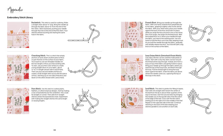 Cozy Stitches by Schiffer Publishing, Ltd. features a two-page Embroidery Stitch Library with diagrams, descriptions, and fabric samples of six stitches—ideal for embroidery projects and a great beginner’s guide.