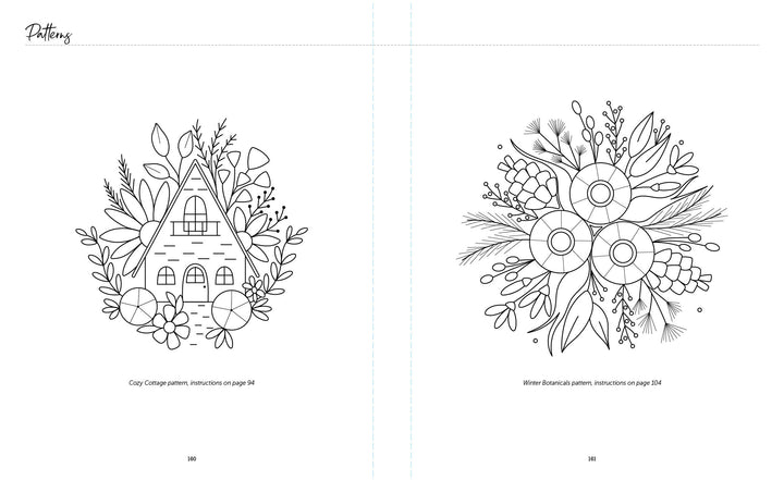 Two black-and-white line art illustrations from Cozy Stitches by Schiffer Publishing, Ltd.: a cottage with leaves and branches, and a botanical pattern of circular flowers—inspiring ideas for embroidery or slow stitching. Instructional references below.