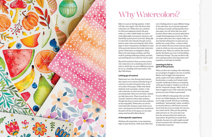 A flat lay displays vibrant fruit, flower, and holiday ornament watercolor paintings beside Modern Watercolor Workshop by Schiffer Publishing, Ltd., featuring beginner-friendly projects and step-by-step painting tips.