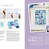 The right page of Modern Watercolor Workshop by Schiffer Publishing, Ltd. displays step-by-step images for beginners painting abstract shapes, a framed watercolor artwork, purple-blue photos, and instructional text on a lavender background.