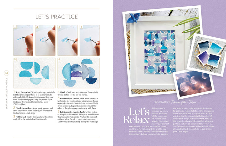 The right page of Modern Watercolor Workshop by Schiffer Publishing, Ltd. displays step-by-step images for beginners painting abstract shapes, a framed watercolor artwork, purple-blue photos, and instructional text on a lavender background.