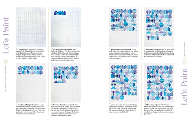 The "Modern Watercolor Workshop" by Schiffer Publishing, Ltd. offers a step-by-step guide to painting overlapping blue and purple half-circles in a grid, forming an abstract geometric pattern—ideal for beginners exploring watercolor techniques.