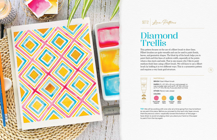 The "Modern Watercolor Workshop" by Schiffer Publishing, Ltd. features a vibrant diamond trellis watercolor painting alongside a spiral sketchbook, paintbrush, and four bright paints—pink, yellow, blue, and orange—ideal for beginner projects.