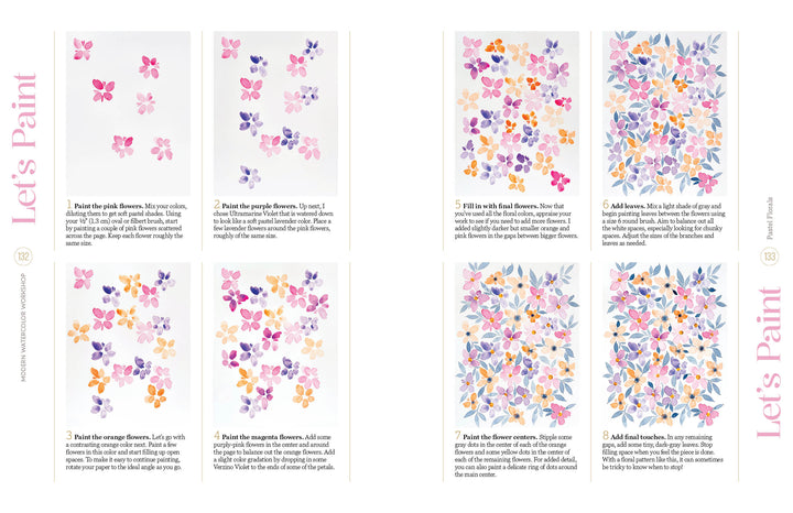 Discover the Modern Watercolor Workshop by Schiffer Publishing, Ltd.—a beginner-friendly guide with eight step-by-step panels, taking you from simple pink, purple, and orange flowers to a detailed floral arrangement on white.