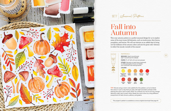 The Modern Watercolor Workshop by Schiffer Publishing, Ltd. features autumn motifs like pumpkins and leaves with step-by-step instructions—ideal for beginner watercolor projects or fall-inspired painting sessions.