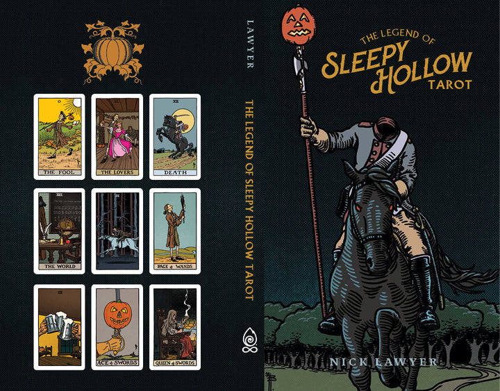 The Legend of Sleepy Hollow Tarot—Headless Horseman Edition by Schiffer Publishing, Ltd. features a Headless Horseman with a jack-o-lantern and tarot cards depicting unique scenes and characters from the classic story.